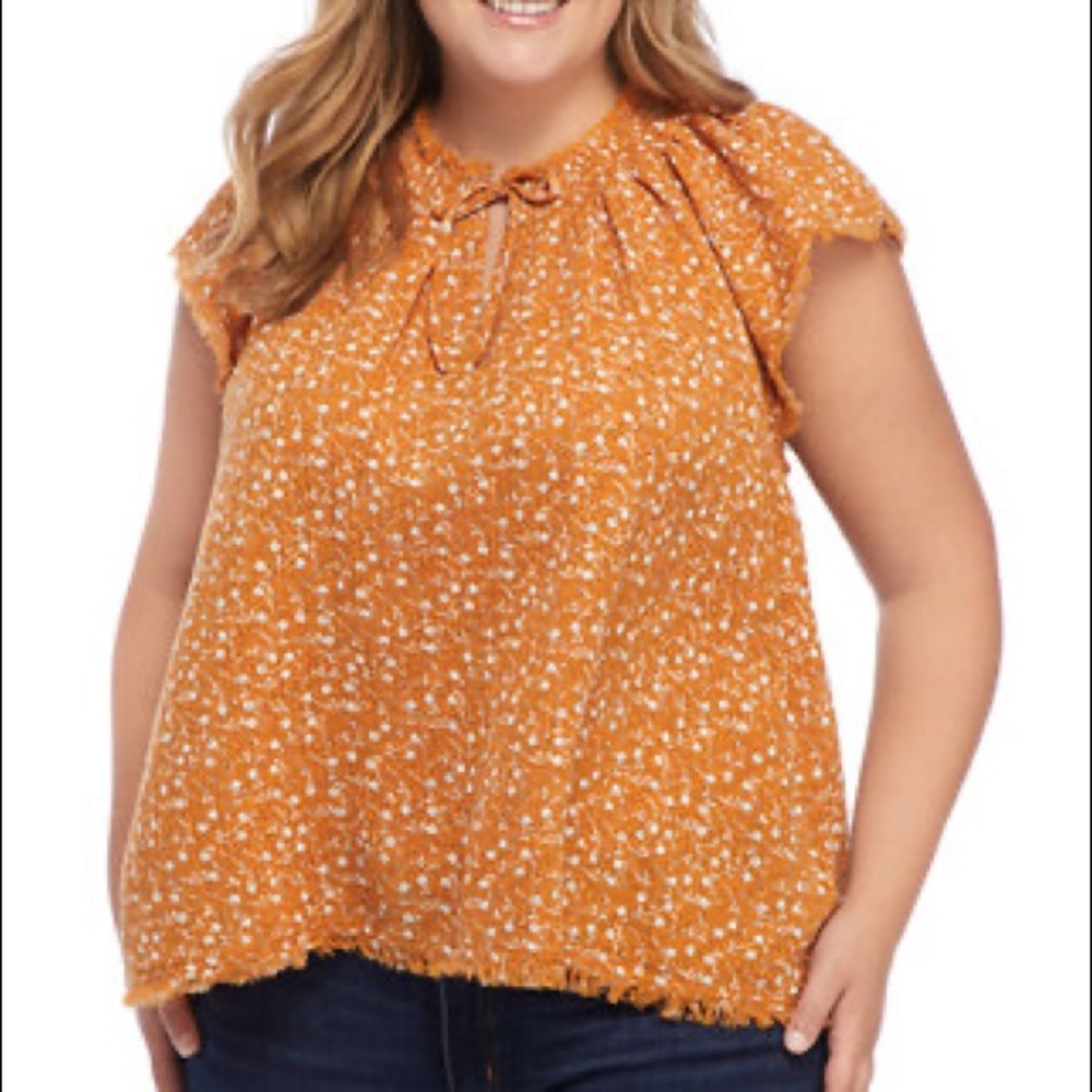 True Craft Frayed Hem Flutter Sleeve Top Speckled Floral Print Warm Orange 2X